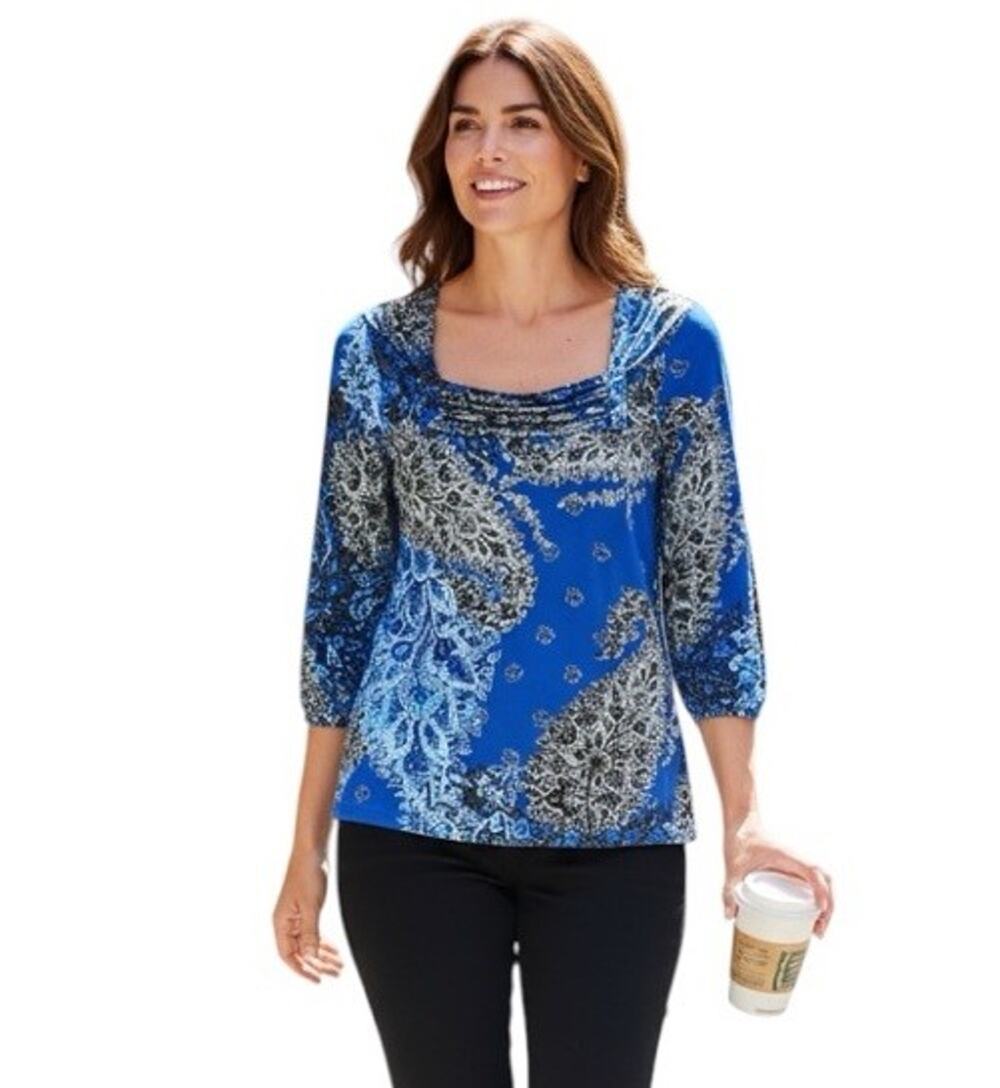 New Directions Blouse Top Womens SML Blue Black Paisley Square Neck Pleated Bust